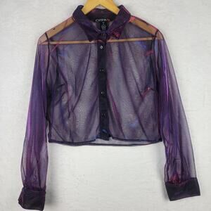 Grunge 2X Crop Sheer Mesh Long Sleeve Button Purple Iridescent Club Party Top